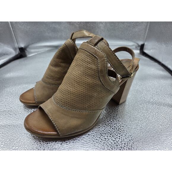 MIZ MOOZ Shiloh Heeled Sandal 39/8.5-9 Taupe Leather Ankle Strap Block Shoes - Picture 1 of 8